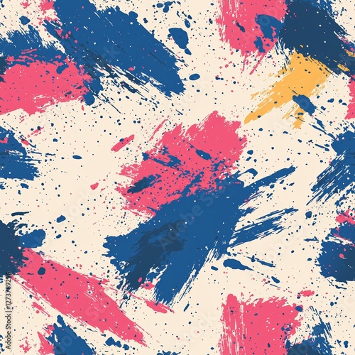 A clean white background provides the perfect canvas for a lively design that boasts a diverse array of bold brush strokes in bright, vivid colors, including pink, blue, yellow, and purple, yielding