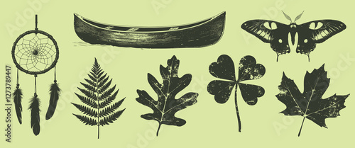Nature-themed vintage illustrations collection, isolated vector set