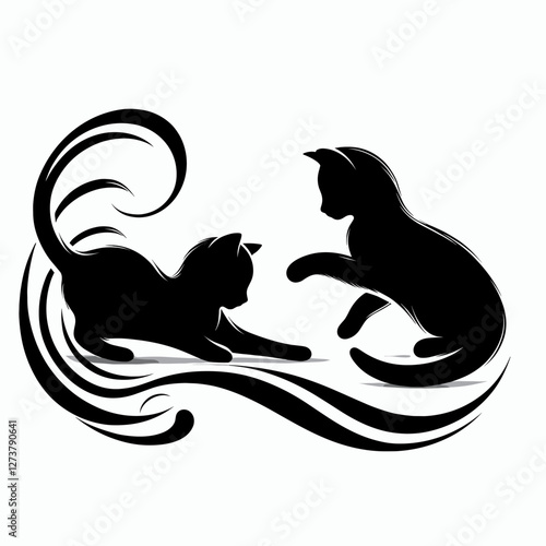 Playful black cats in dynamic poses, stylish silhouette illustration, copy space