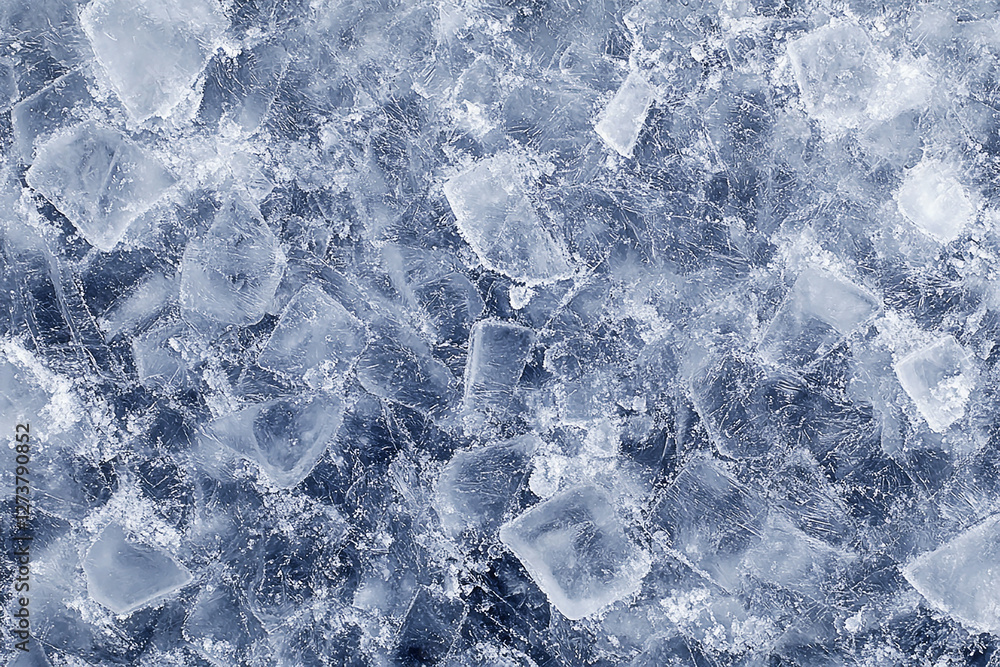 Close-up view of crushed ice cubes scattered on a dark surface, ideal for food and beverage presentations Close-up view of crushed ice cubes scattered on a dark surface, ideal for food and beverage presentations