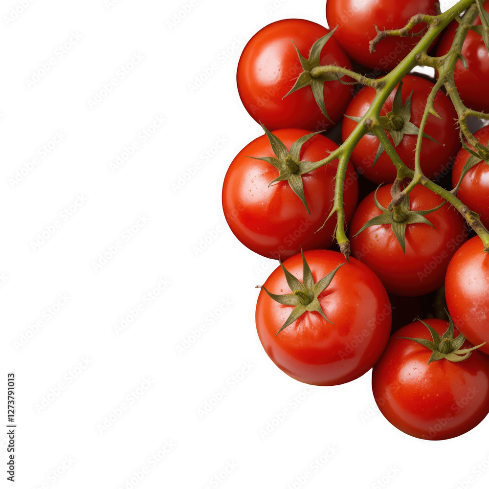 A bunch of plump, ripe tomatoes clings to their vine, each glowing with a radiant red hue. These freshly harvested fruits evoke the essence of summer gardens and wholesome cooking A bunch of plump, ripe tomatoes clings to their vine, each glowing with a radiant red hue. These freshly harvested fruits evoke the essence of summer gardens and wholesome cooking