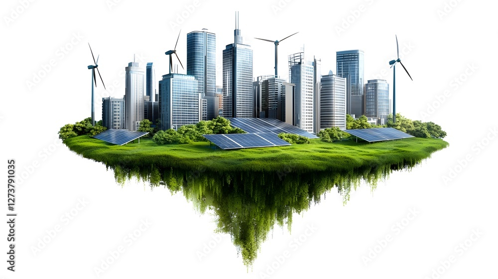 Futuristic eco city floating above a vibrant green landscape featuring a modern skyline with sustainable energy sources like wind turbines and solar panels integrated into the architecture