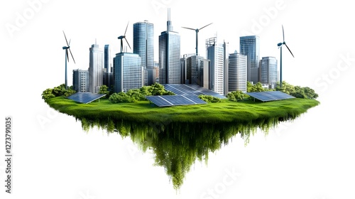Obraz na płótnie Futuristic eco city floating above a vibrant green landscape featuring a modern skyline with sustainable energy sources like wind turbines and solar panels integrated into the architecture w salonie