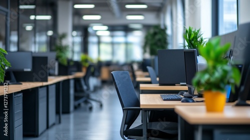 Wallpaper Mural Empty modern office with desks, computers, chairs, and plants. Torontodigital.ca