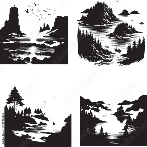  Coastal Calm illustration in black and white silhouette assets in vector farm 