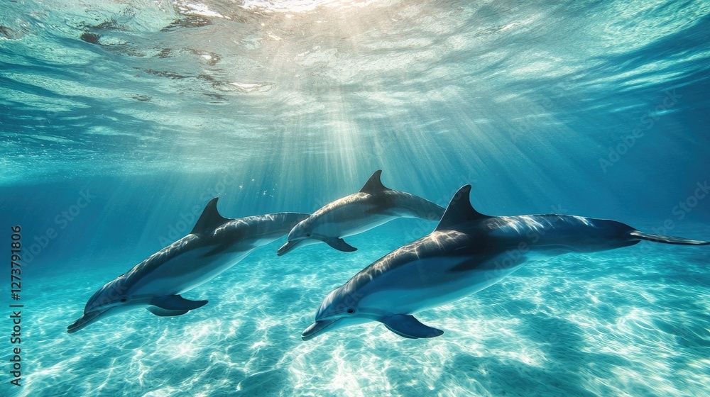 Fototapeta premium An underwater scene showing a pod of dolphins swimming gracefully through crystal-clear water, with sunlight filtering down from above.