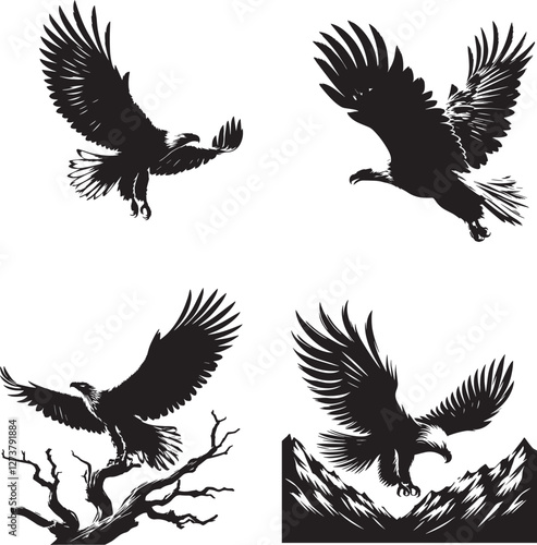 Eagle's Ascent in black and white silhouette assets in vector farm 