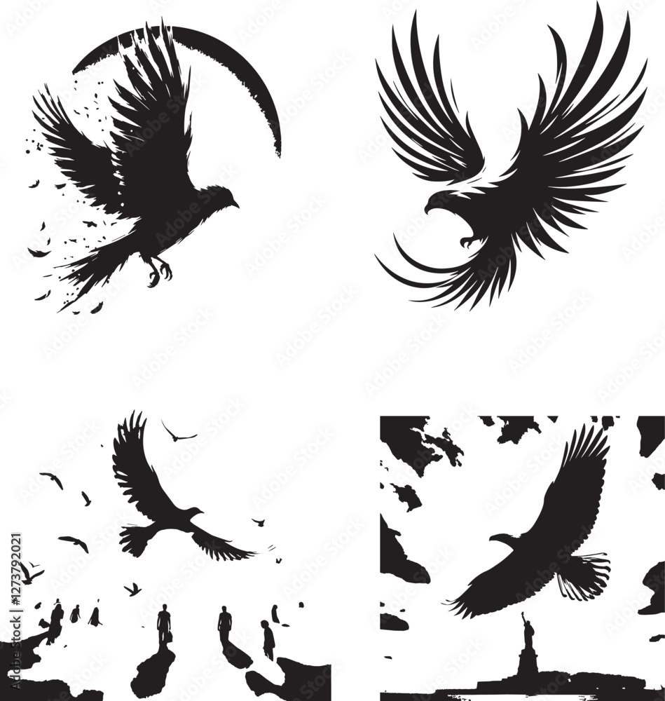 Fototapeta premium Flight of Freedom. illustration in black and white silhouette assets in vector farm 