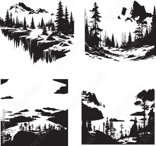  Frozen Wilderness illustration in black and white silhouette assets in vector farm 