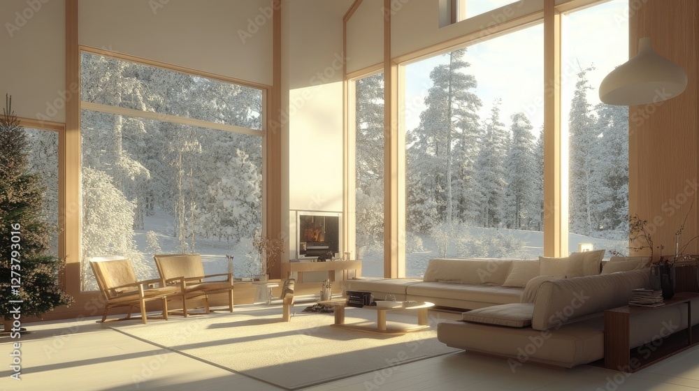 Fototapeta premium A clean, modern living room with minimalist furniture, neutral colors, and plenty of natural light streaming through large windows, creating a serene atmosphere.