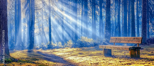 Sunbeams illuminate a solitary bench in a misty forest photo