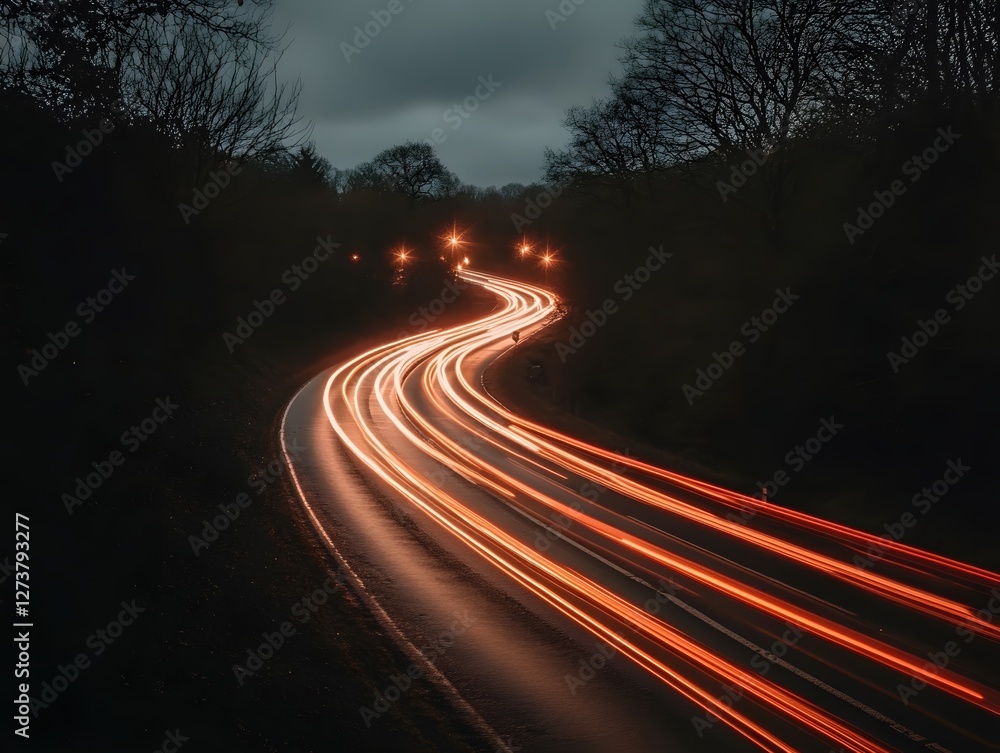Dynamic Car Light Trails on Winding Road at Night with Dark Trees and Moody Sky Above Dynamic Car Light Trails on Winding Road at Night with Dark Trees and Moody Sky Above