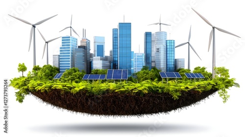 Obraz na płótnie Futuristic sustainable metropolis with clean energy powered skyscrapers wind turbines and solar farms floating over a natural ground showcasing eco friendly urbanism and innovative technology w salonie