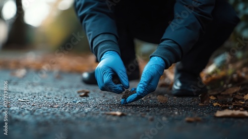 Detective collecting evidence from a crime scene. Featuring investigation and methodical action