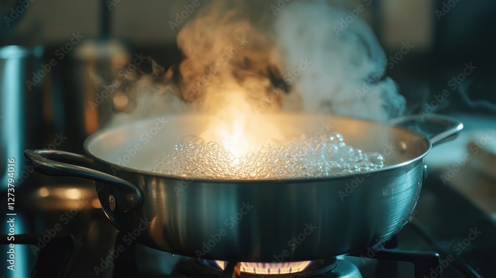 A close-up of a pot with water boiling on a gas stove, with the flame visible beneath the pot and steam rising vigorously. A close-up of a pot with water boiling on a gas stove, with the flame visible beneath the pot and steam rising vigorously.