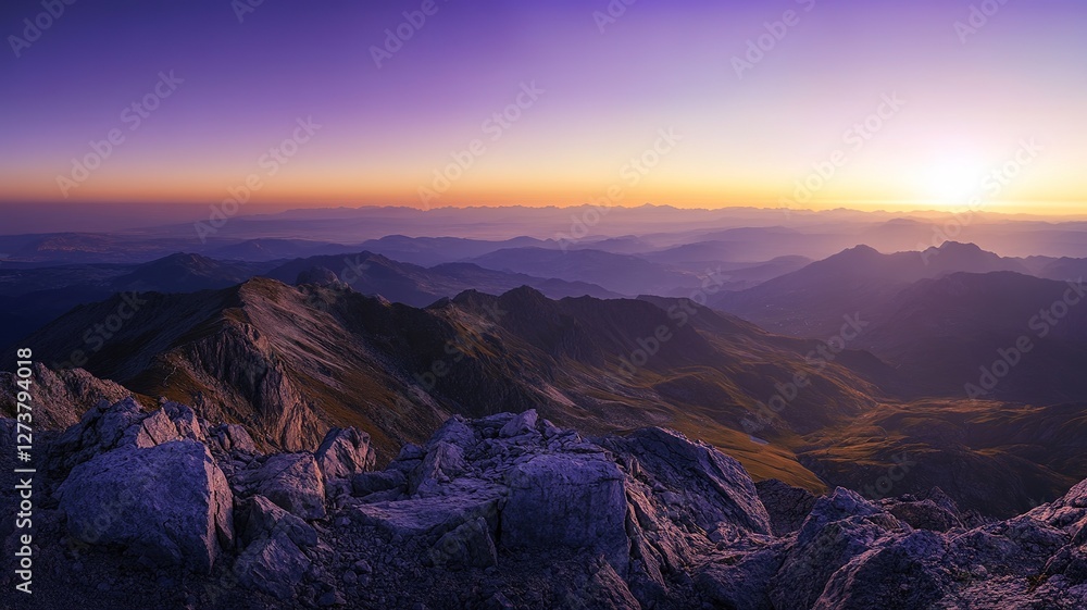 Naklejka premium A panoramic view from the summit of a majestic mountain at golden hour. The sky is a blend of warm golden and purple tones, and the vast expanse of valleys and distant