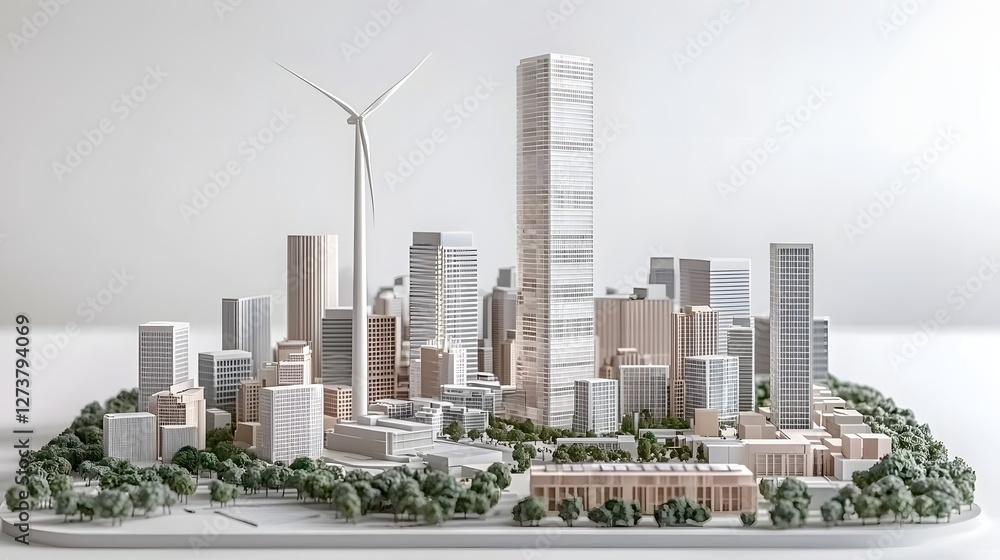 Fototapeta premium Futuristic urban landscape featuring eco friendly skyscrapers powered by integrated wind and solar energy sources