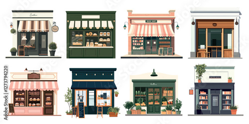 Charming illustrated storefronts collection, isolated vector set