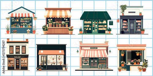 Charming illustrated storefronts collection, isolated vector set