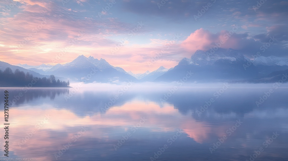 Fototapeta premium Serene mountain lake at sunrise, tranquil reflection of pastel clouds and peaks.
