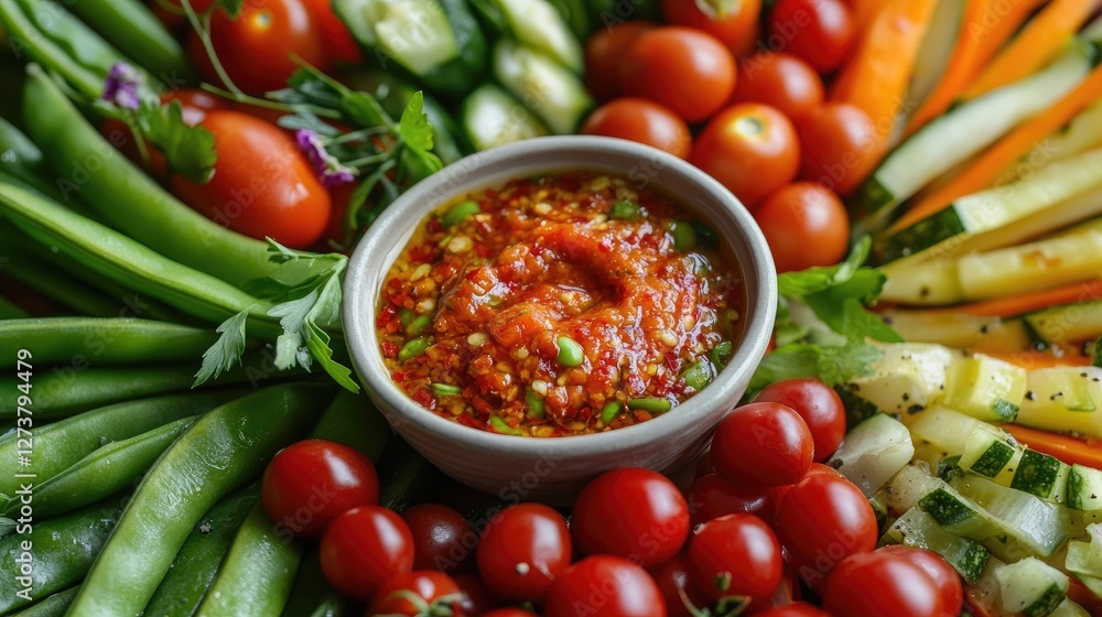 A close-up of a vegetable platter featuring a selection of fresh, crisp veggies like snap peas and cherry tomatoes, with a bowl of vibrant chili paste in the center. A close-up of a vegetable platter featuring a selection of fresh, crisp veggies like snap peas and cherry tomatoes, with a bowl of vibrant chili paste in the center.