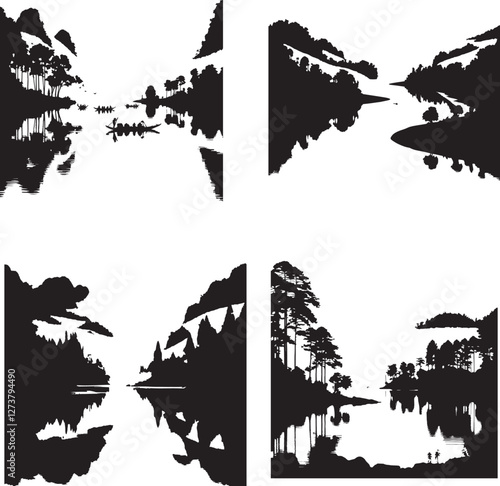 River Reflections in black and white silhouette assets in vector farm 