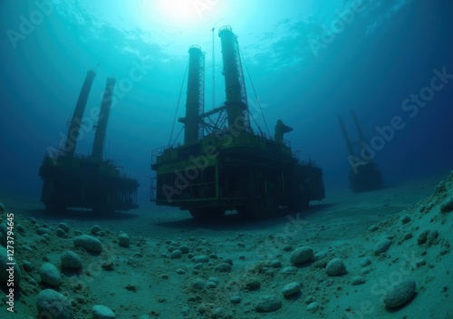 Underwater drilling rig with multiple towers situated on ocean floor