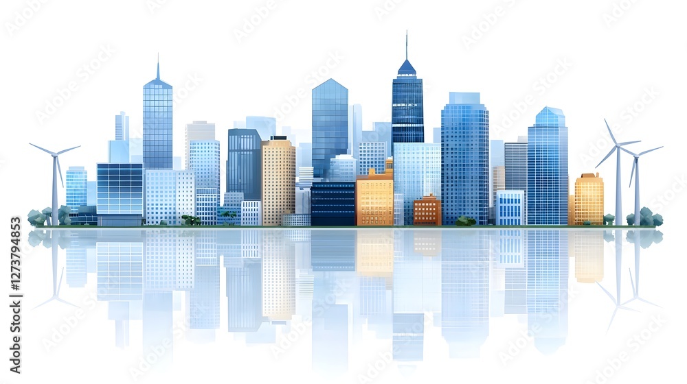 Naklejka premium Illustrated 3D rendering of a zero emission eco friendly high tech metropolis with a sustainable skyline featuring wind turbines solar panels and other renewable energy infrastructure