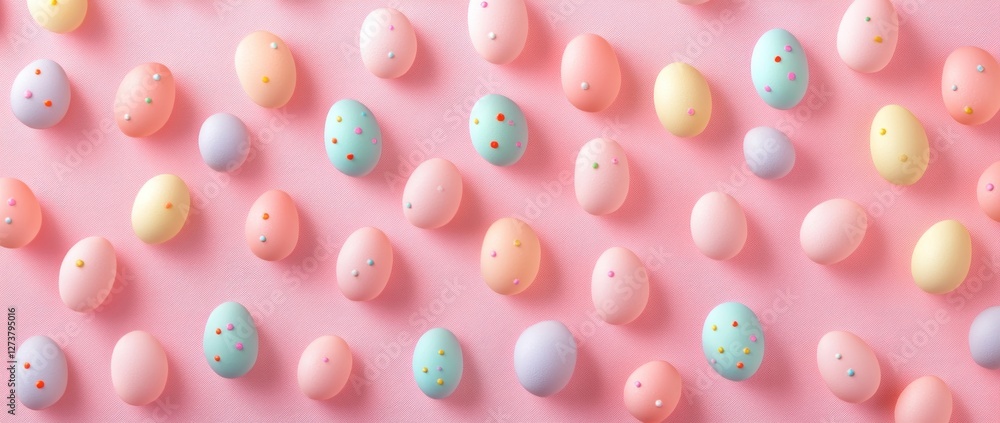 Pastel Easter eggs arranged on pink background; holiday celebration Pastel Easter eggs arranged on pink background; holiday celebration