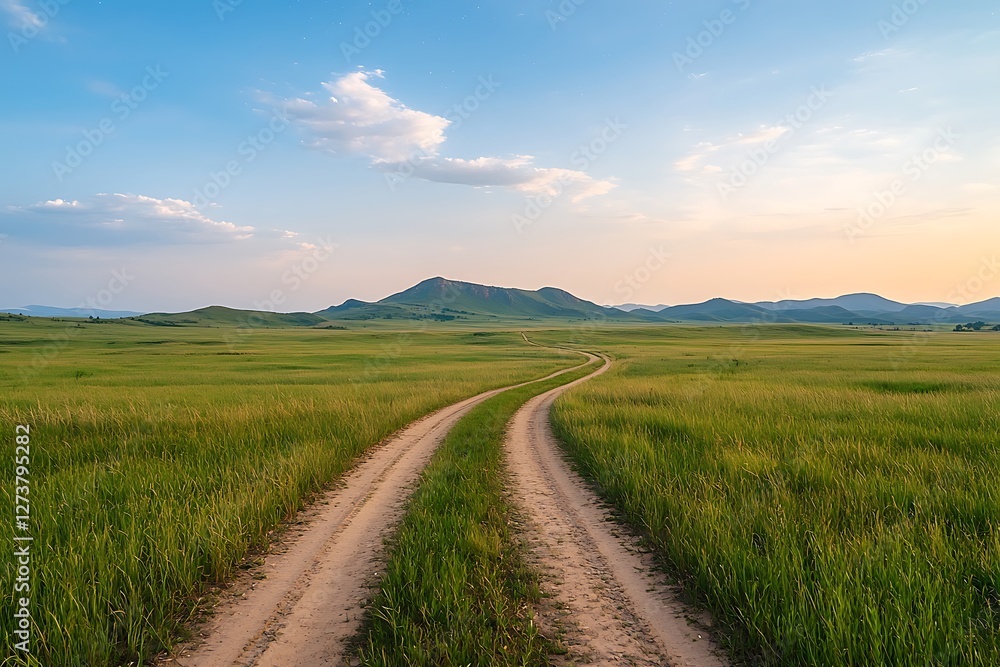 Tranquil scenic road journey through lush green fields a nature photography experience Tranquil scenic road journey through lush green fields a nature photography experience