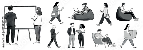 Illustrated modern work collaboration, isolated vector set