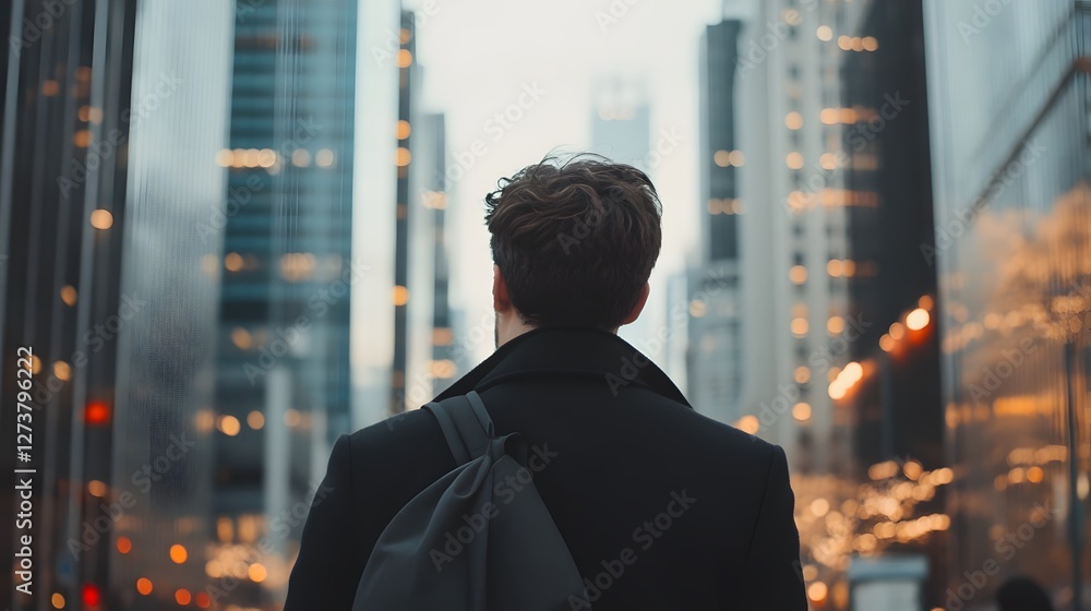 Fototapeta premium Man walking through a bustling city street surrounded by tall buildings at dusk while carrying a bag
