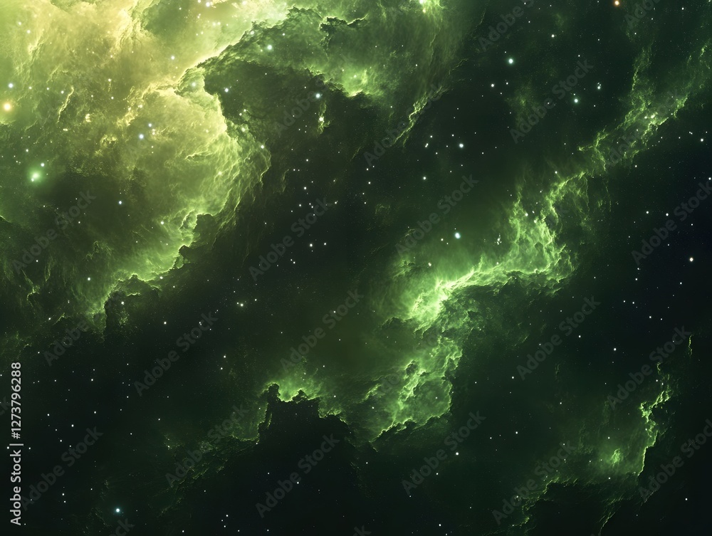 Obraz premium Ethereal green nebula with sparkling stars creating a cosmic and celestial atmosphere