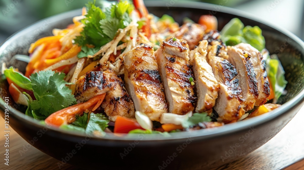 A detailed close-up of a bowl of som tam with slices of grilled chicken on the side, highlighting the texture of the salad and the charred goodness of the chicken. A detailed close-up of a bowl of som tam with slices of grilled chicken on the side, highlighting the texture of the salad and the charred goodness of the chicken.