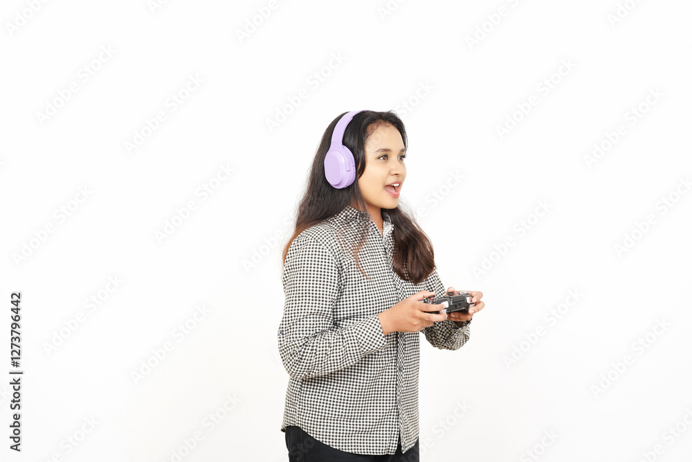 Playing Video Game with Headphones Of Beautiful Asian Woman Isolated On White Background Playing Video Game with Headphones Of Beautiful Asian Woman Isolated On White Background