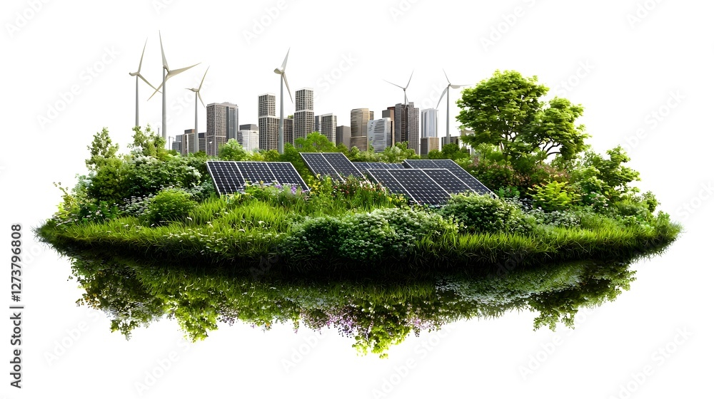 Renewable Powered Smart Green City Skyline with Wind Turbines and Solar Panels on Rooftops Futuristic 3D of Sustainable Urban Development and Clean Energy Technology