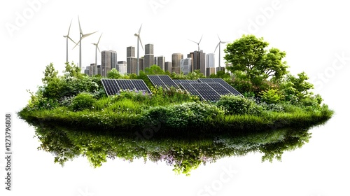 Obraz na płótnie Renewable Powered Smart Green City Skyline with Wind Turbines and Solar Panels on Rooftops Futuristic 3D of Sustainable Urban Development and Clean Energy Technology w salonie