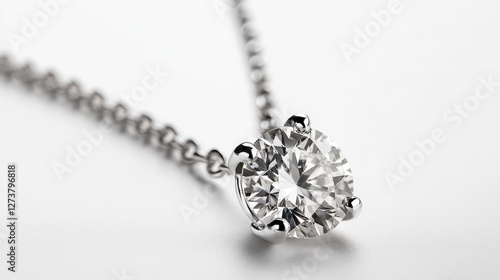 A detailed close-up of a solitaire diamond pendant with a fine chain, set against a pure white background to emphasize the diamond's brilliance.
