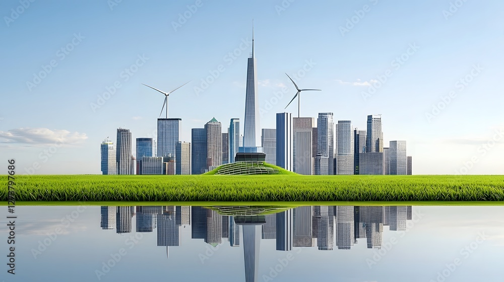 Obraz premium Sustainable and Futuristic Urban Skyline with Wind Turbines Solar Panels and a Floating Eco City Reflecting on Lush Greenery A Vision of a Carbon Free and Innovative City of the Future