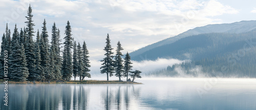 Misty lake, island with evergreen trees, mountain backdrop photo