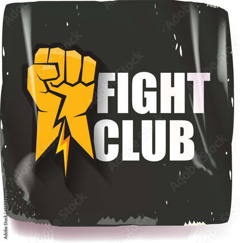 fight club vector grey sticker with logo and orange man fist isolated on white background. MMA Mixed martial arts concept banner and poster design template. Fight club grunge label, icon design