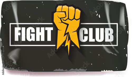 fight club vector grey sticker with logo and orange man fist isolated on white background. MMA Mixed martial arts concept banner and poster design template. Fight club grunge label, icon design