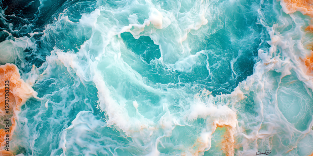 Aerial View of Splashing Ocean Waves With Turquoise Hue and Crashing Foam Texture Aerial View of Splashing Ocean Waves With Turquoise Hue and Crashing Foam Texture