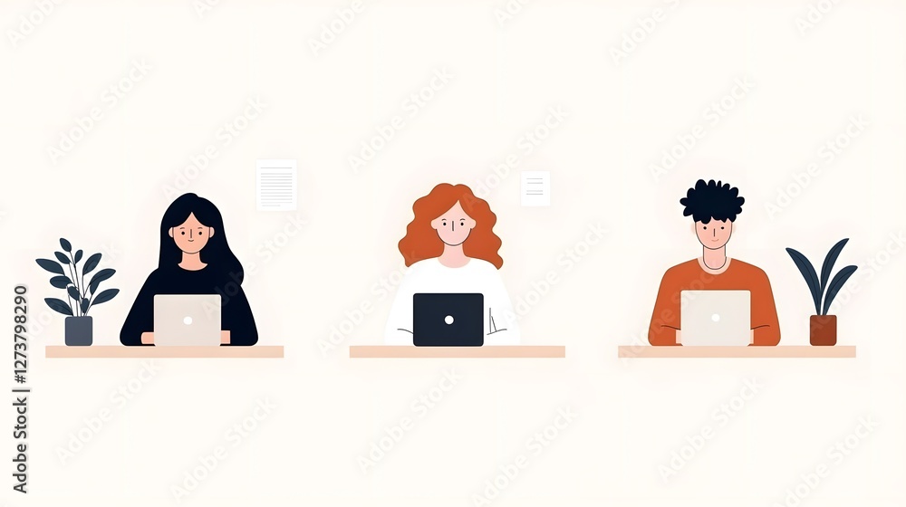 Obraz premium Three diverse individuals engaged in productive remote work in a modern home office setting