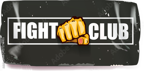 fight club vector grey sticker with logo and orange man fist isolated on white background. MMA Mixed martial arts concept banner and poster design template. Fight club grunge label, icon design