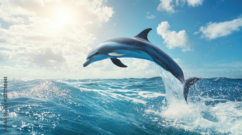 Obraz premium A dynamic image of a dolphin performing a high jump above the ocean waves, set against a backdrop of a sunny sky and a sparkling sea.