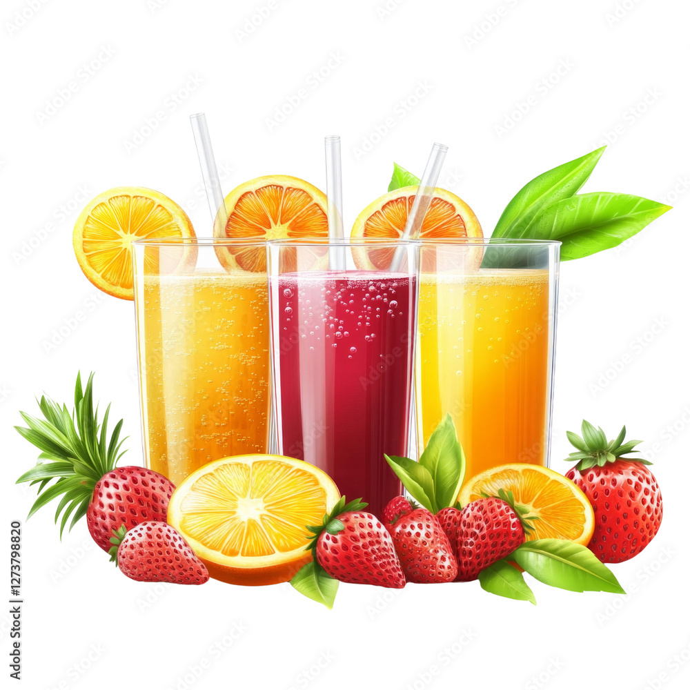 Three glasses of juice with straws in them Three glasses of juice with straws in them