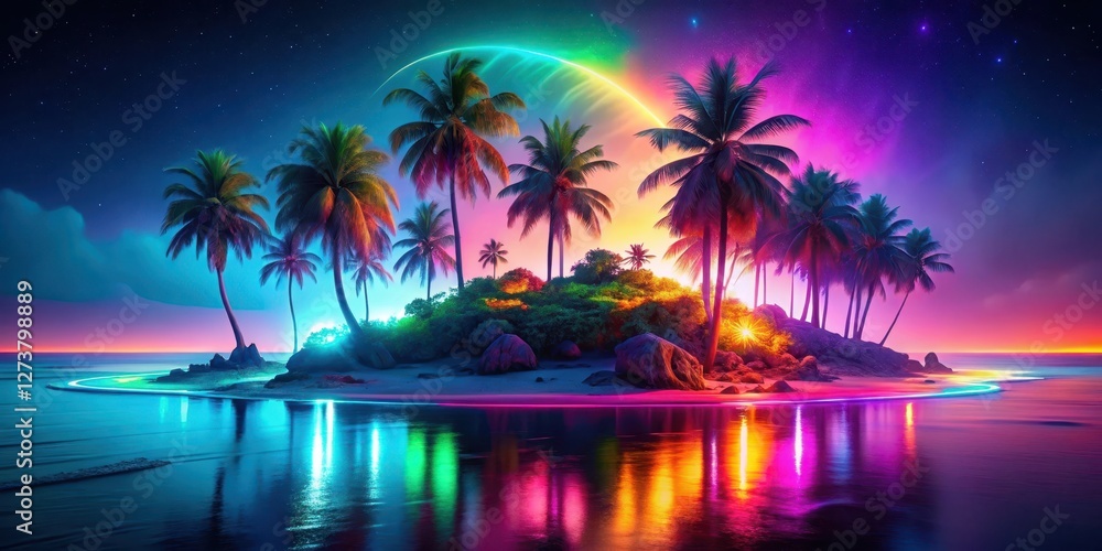 Naklejka premium Island at Night with Vibrant Neon Beach and Glowing Waters, beach, beach at night, beach