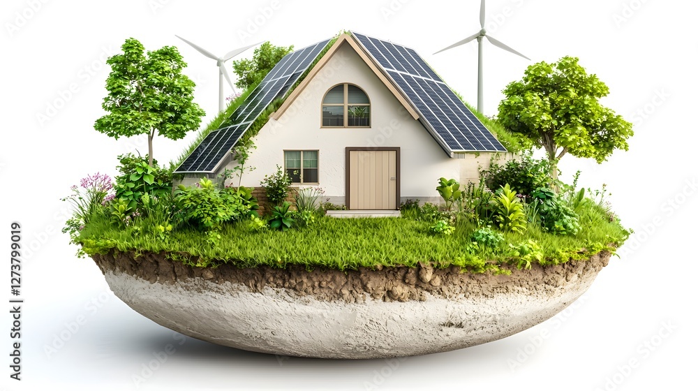 Sustainable green home design with wind turbines and solar panels in a modern self sufficient urban environment 3D of a residential building surrounded by nature