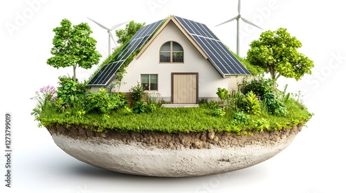 Sustainable green home design with wind turbines and solar panels in a modern self sufficient urban environment  3D of a residential building surrounded by nature